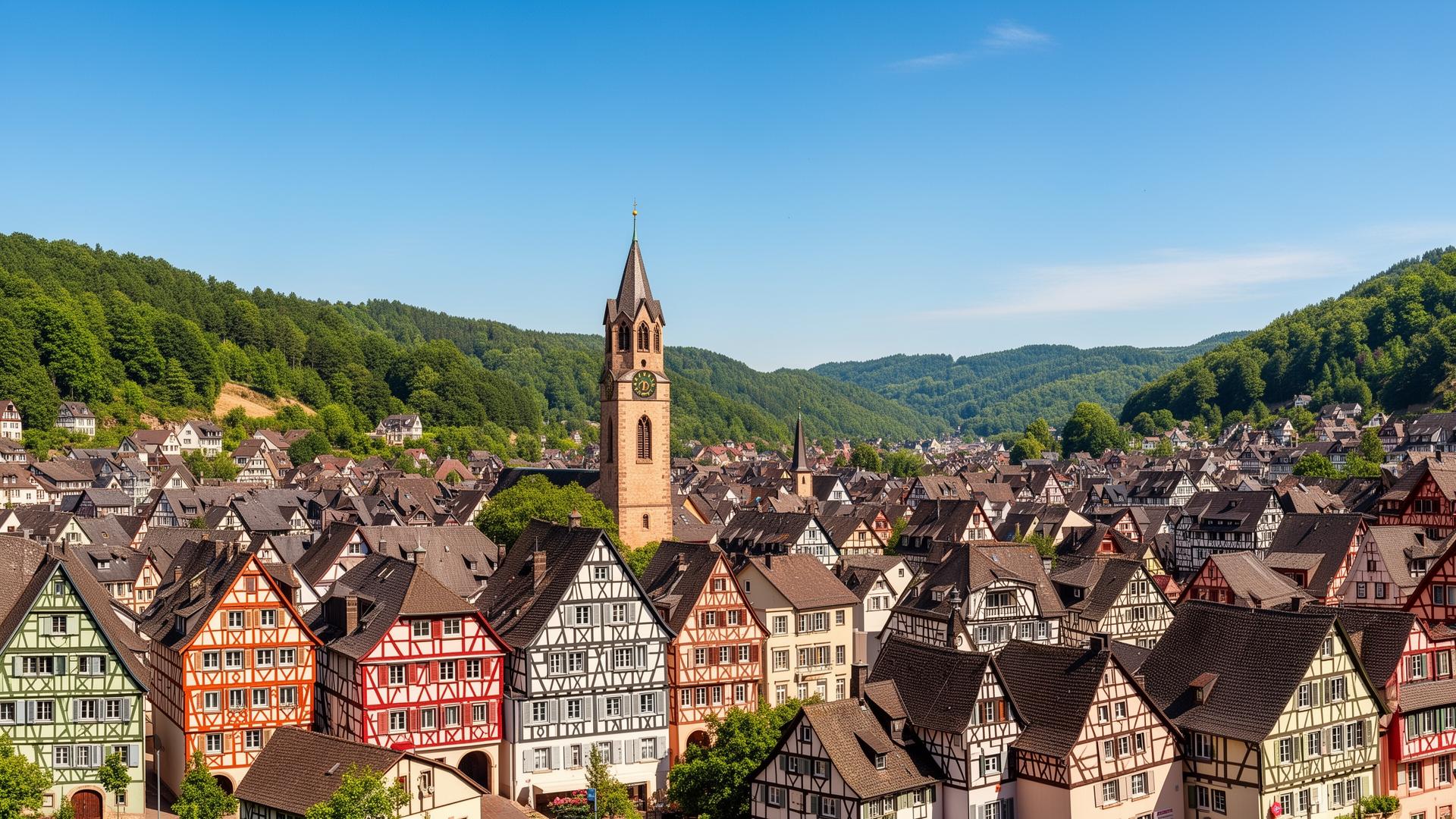Panoramablick über Nagold mit Altstadt, Kirchturm und Schwarzwald-Hügeln