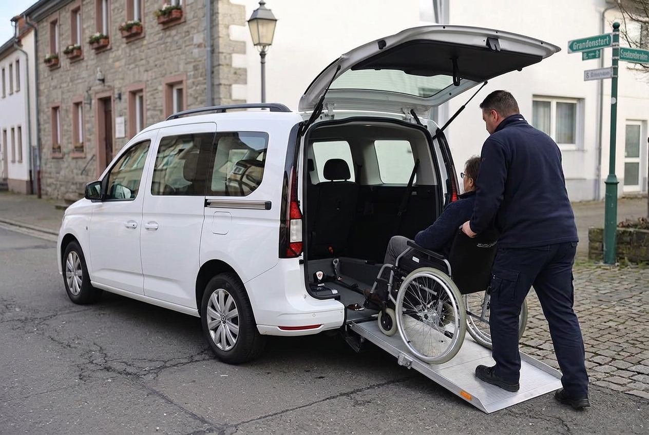 Rollstuhlgerechter VW Caddy mit ausgeklappter Rampe – Rollstuhlfahrten in Nagold